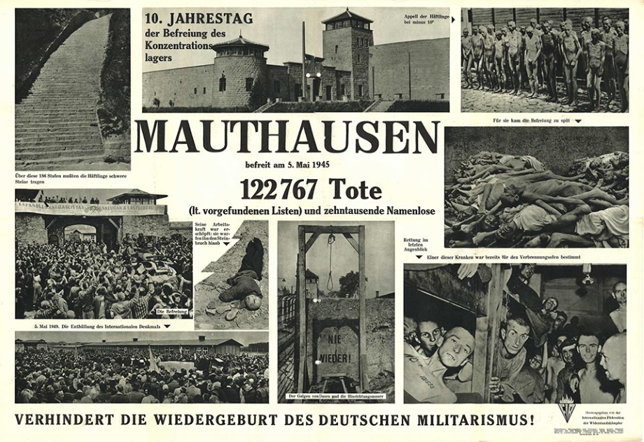 10. Jahrestag der Befreiung des Konzentrationslagers Plakat (schwarz/weiss) zeigt verschiedene Fotos von Gefangenen und Leichen im KZ Mauthausen sowie Fotos von früheren Befreiungsfeiern.